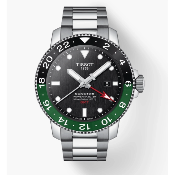 Tissot Seastar 1000 GMT USA Exclusive Green Black Bezel Black Dial Steel Case Bracelet