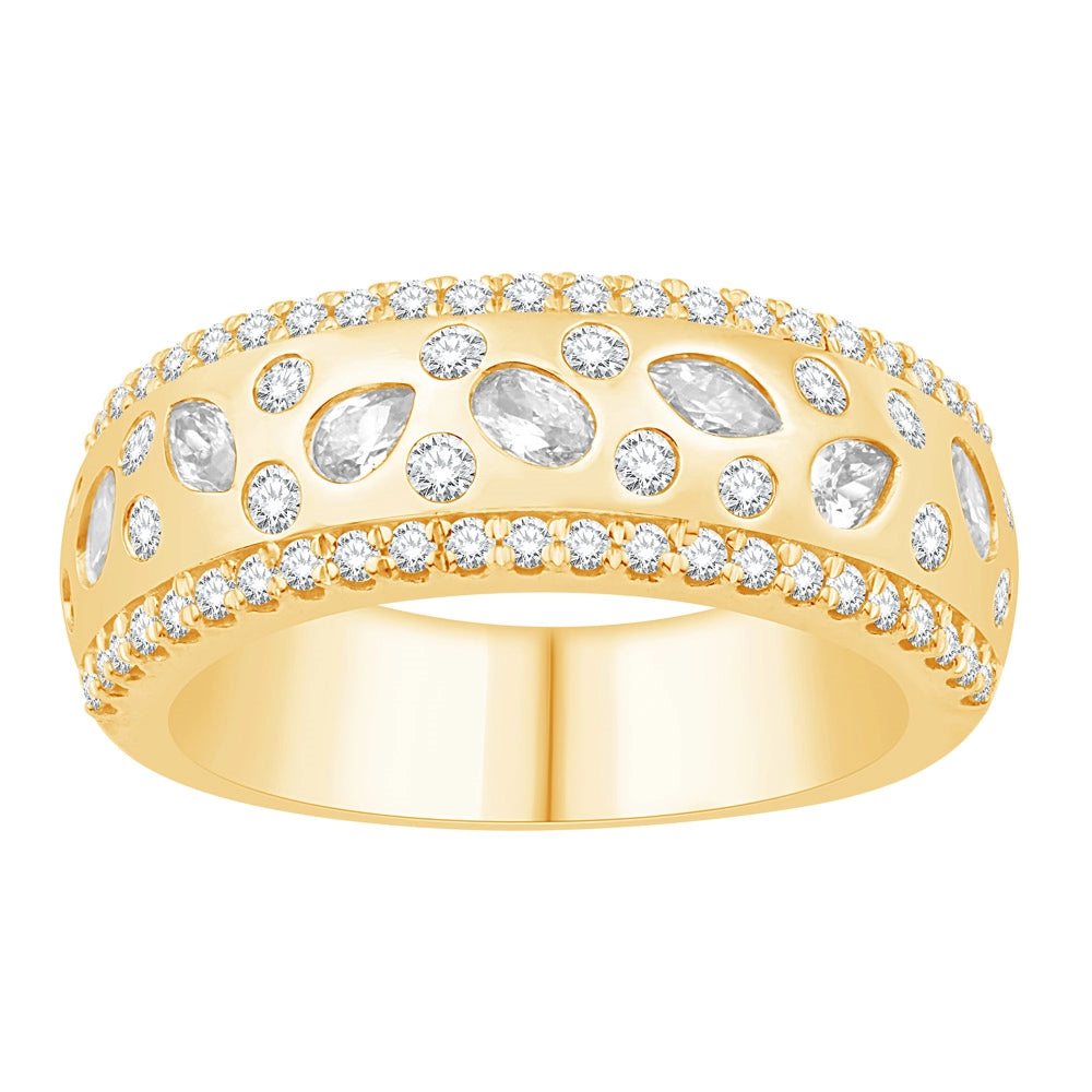 14K Yellow Gold Band with Flush Set Pear, Oval, Marquise and Round Diamond  with Round Diamond Edges