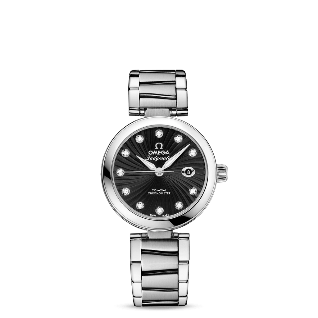 Omega DeVille Ladymatic Co Axial Watch Black Dial Diamonds 34mm Automa Meierotto Jewelers